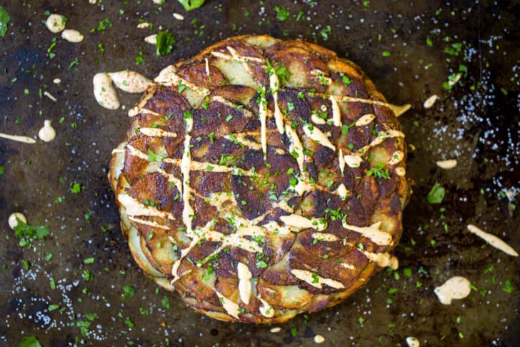 Rustic Potato Cake drizzled with Chipotle Crema 