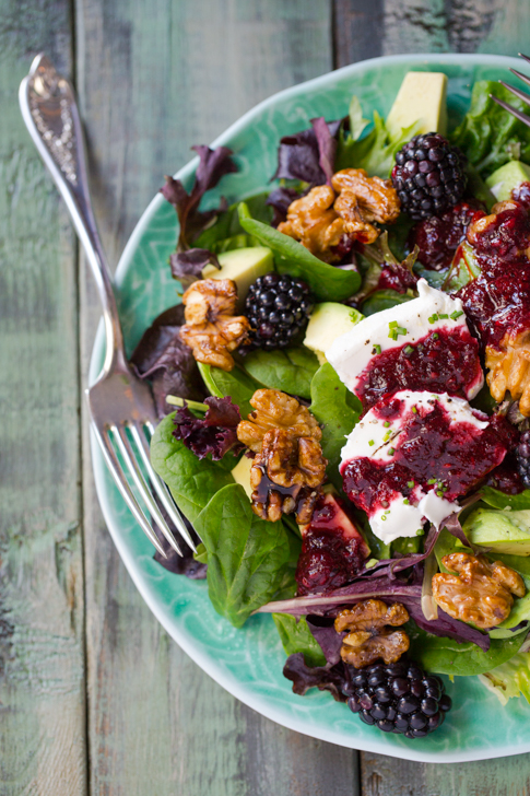 A beautiful goat cheese, avocado and blackberry salad 