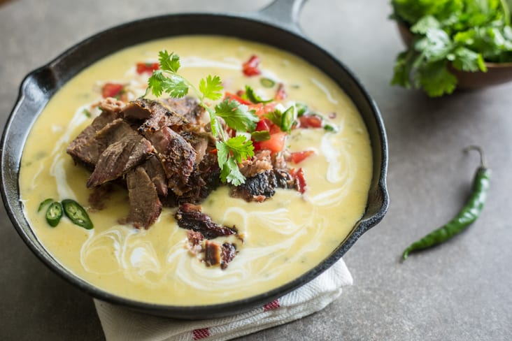 Texas Brisket Queso in a cast iron skillet