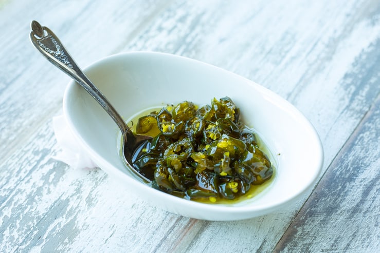 A bowl of cowboy candy, aka candied jalapeno 