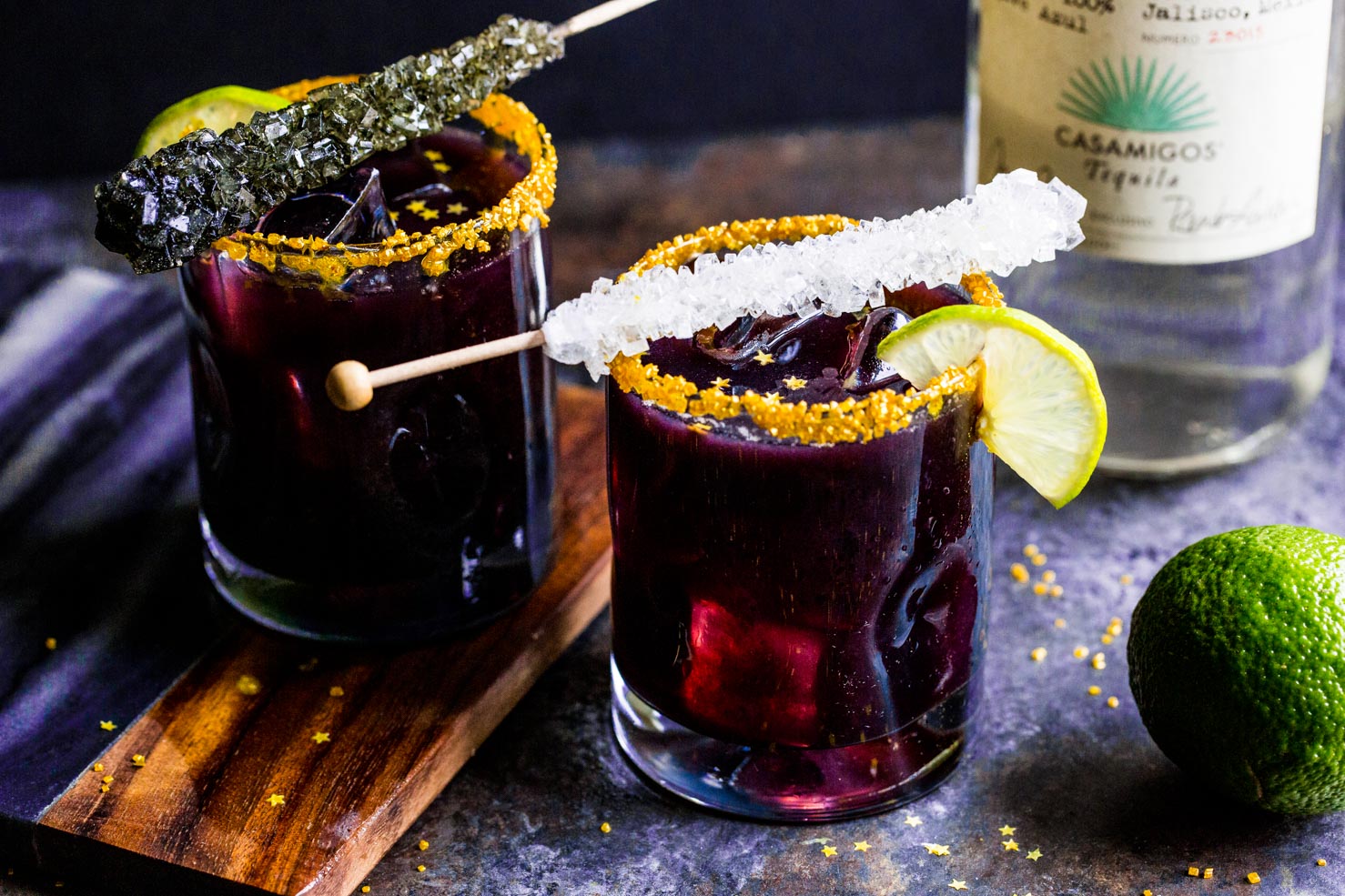 Oilman Margaritas Recipe - Black Margaritas displayed with rock candy and stars