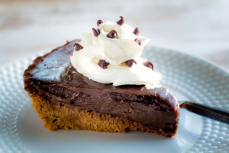 A beautiful slice of Mexican Chocolate Pie on a plate!