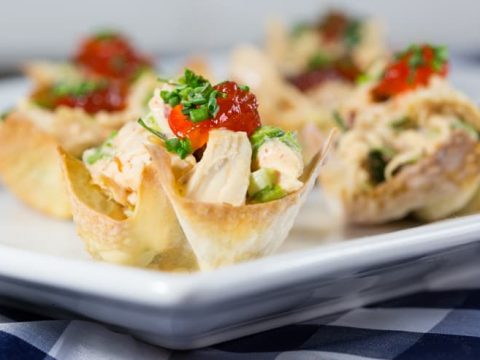 Red Pepper Jelly Chicken Salad Wonton Cups