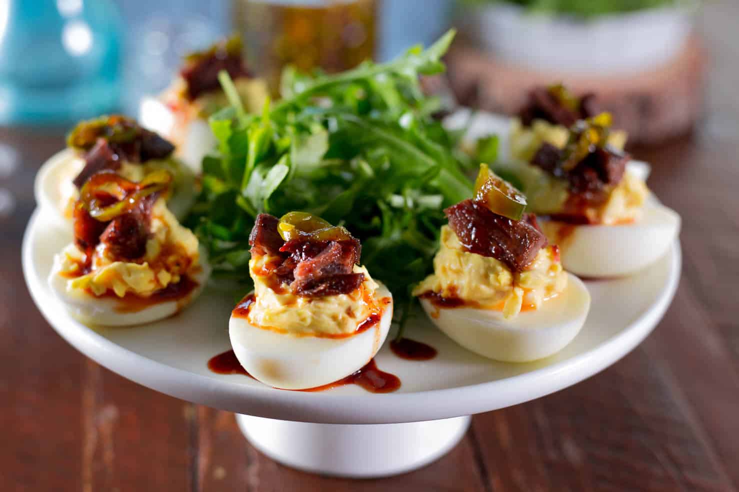 Brisket Deviled Eggs with Candied Jalapeno 