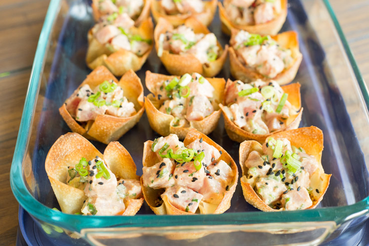 Jalapeno Poke in Wonton Cups packaged in tupperware