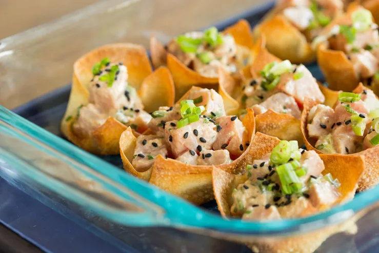 Jalapeno Poke in Wonton Cups packaged for a potluck