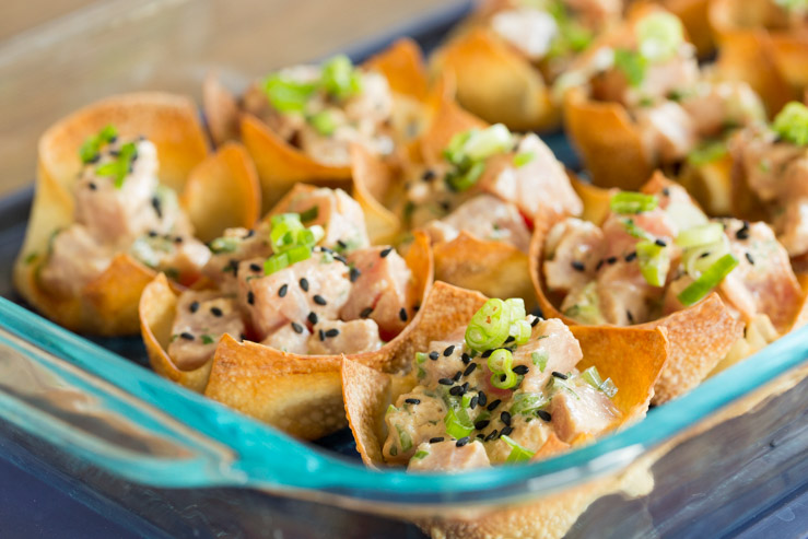 Jalapeno Poke in Wonton Cups packaged for a potluck