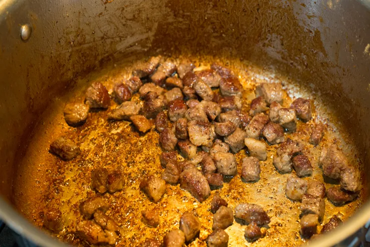 Brisket cubes searing for chili