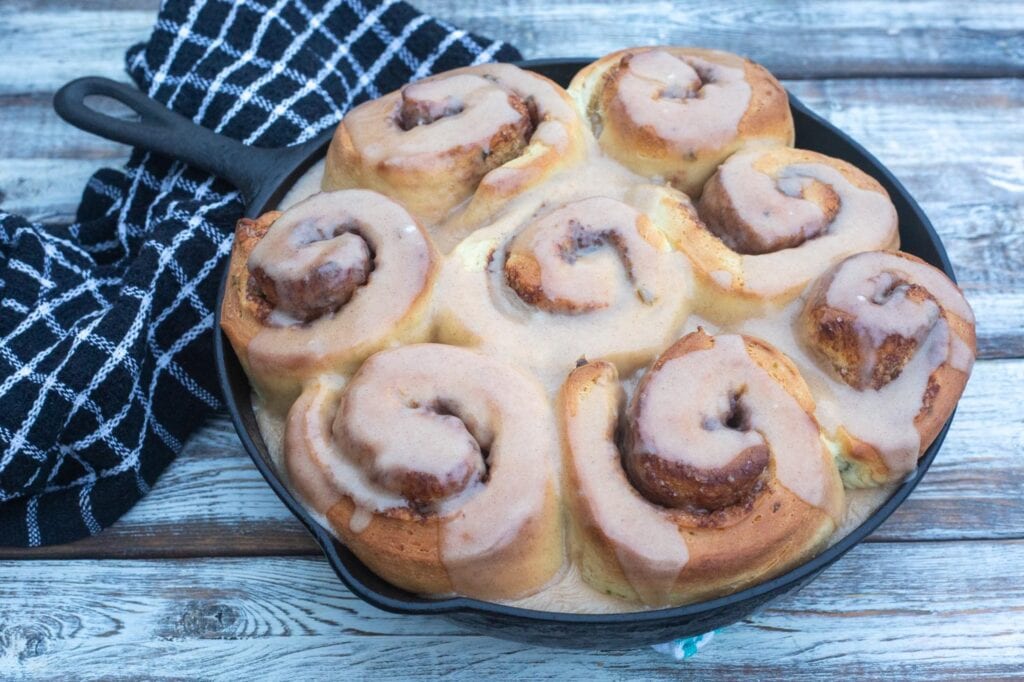 Jalapeno Cinnamon Rolls in a cast iron skillet 