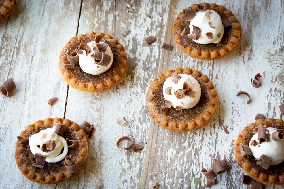 Pecan Butter Tartlets- decorated with chocolate curls