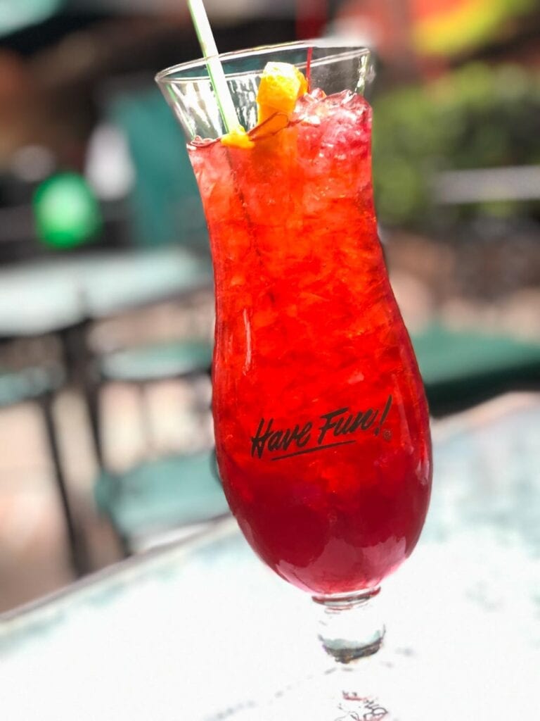 A bright red hurricane drink at Pat O'brien's Bar in New Orleans 