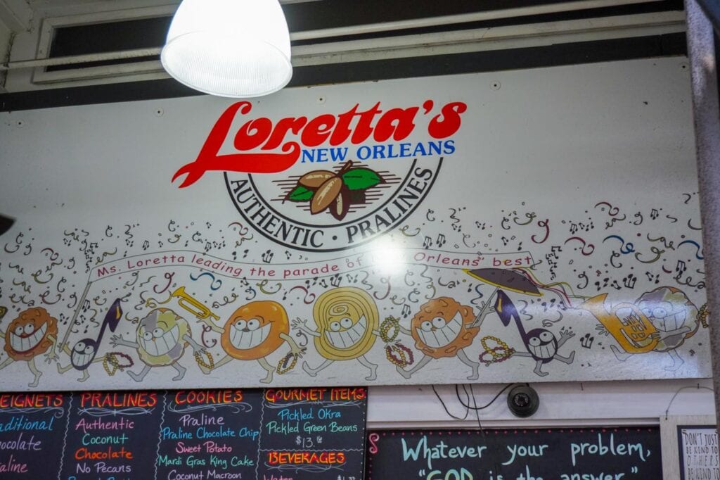 Sign for Loretta's Pralines in the French Market in the French Quarter of New Orleans