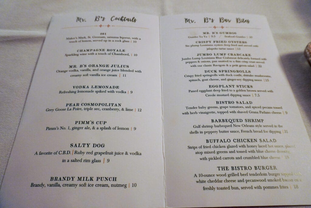 Mr. B's Bistro Bar Menu 