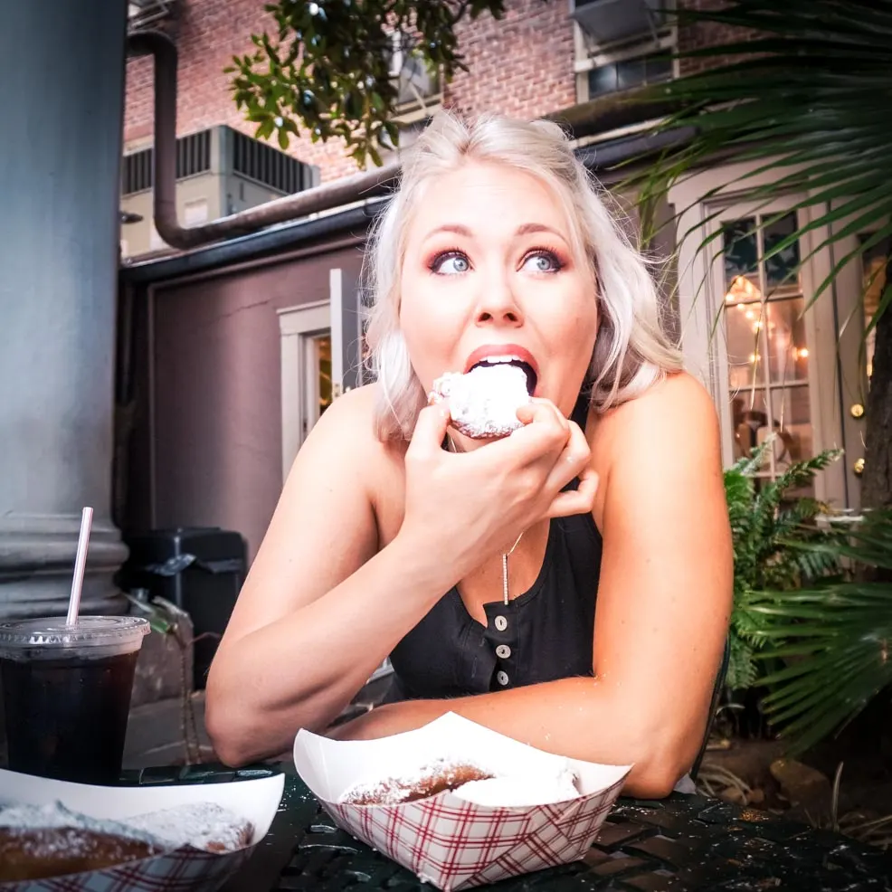 Eating beignets at Cafe Beignet in the French Quarter