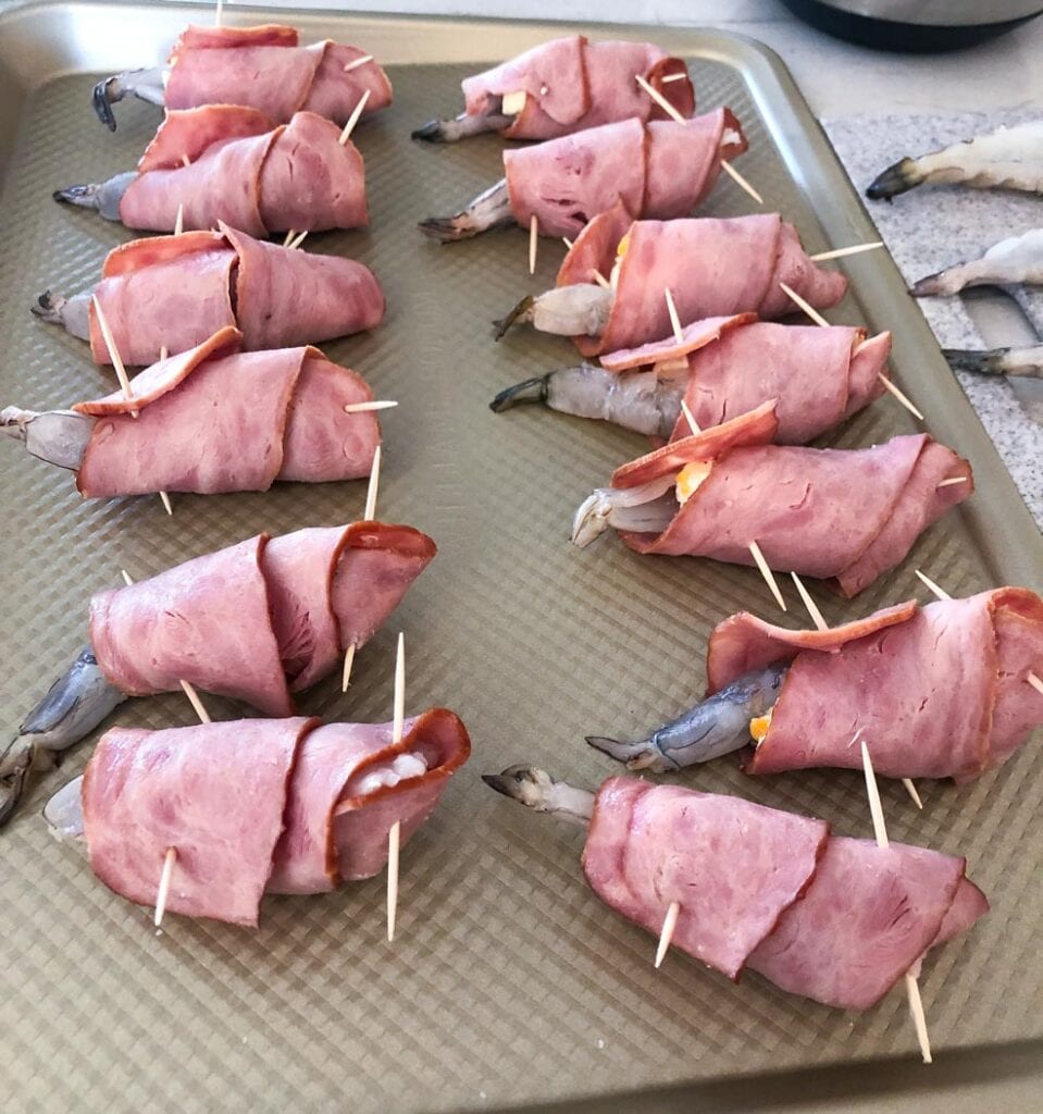 Shrimp Kisses rolled in bacon and secured with a toothpick