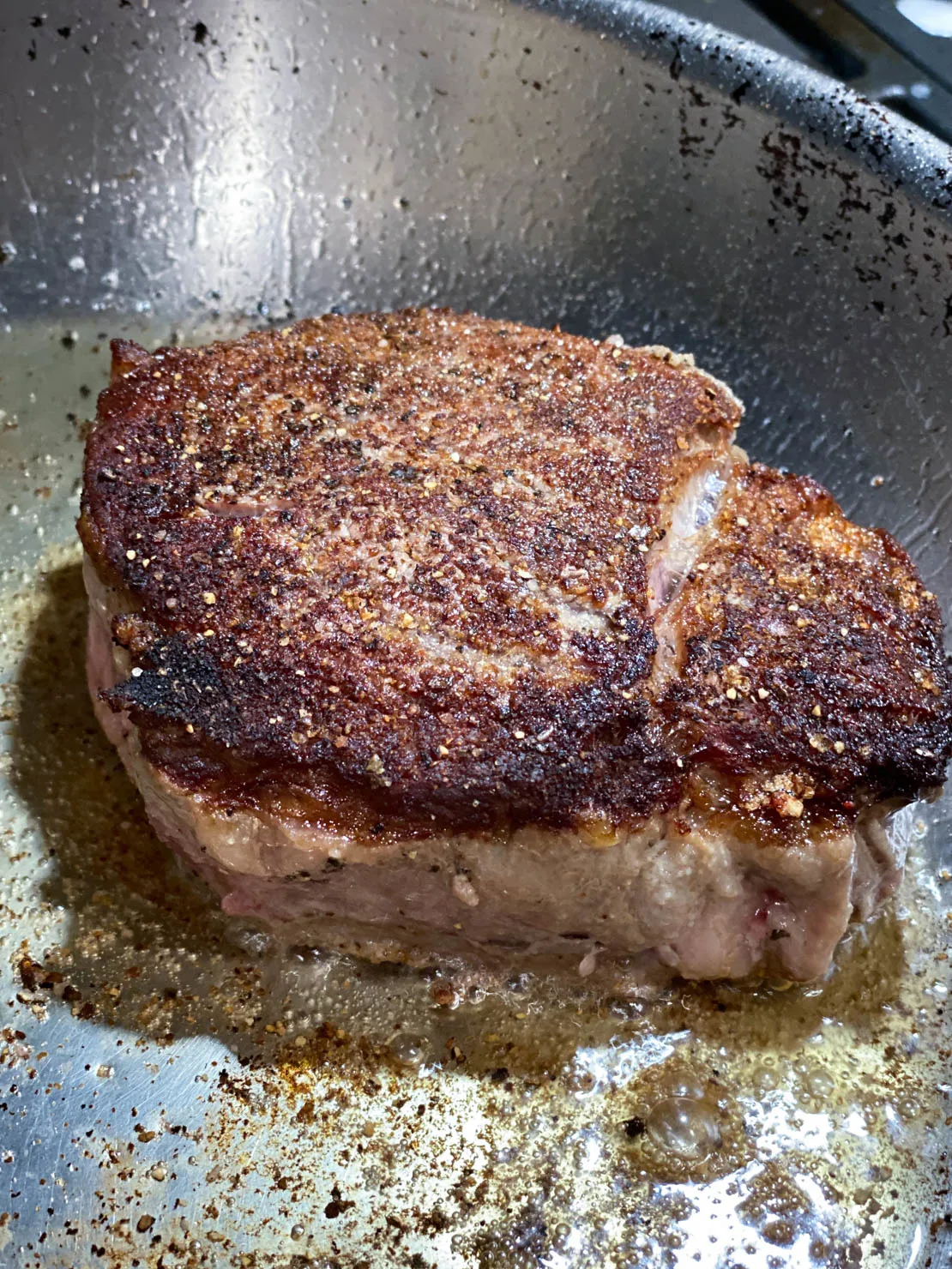 A completed seared filet mignon