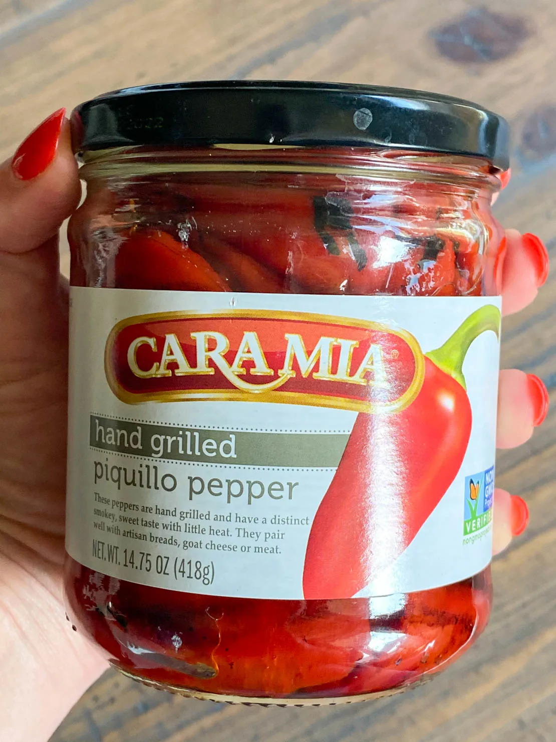 A jar of grilled piquillo peppers