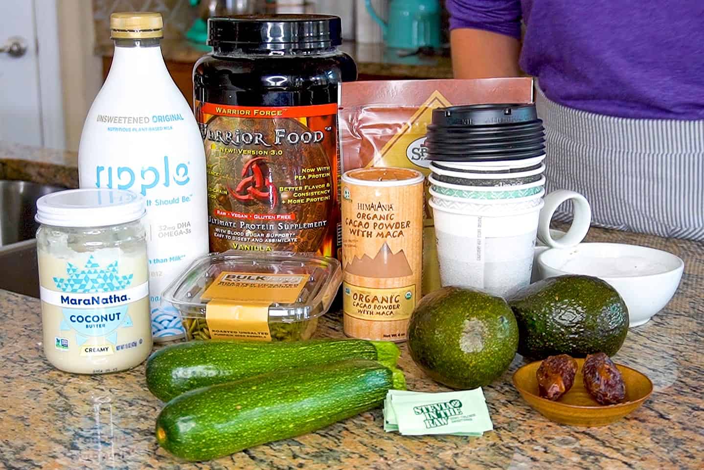 All of the ingredients for our avocado cacao smoothies