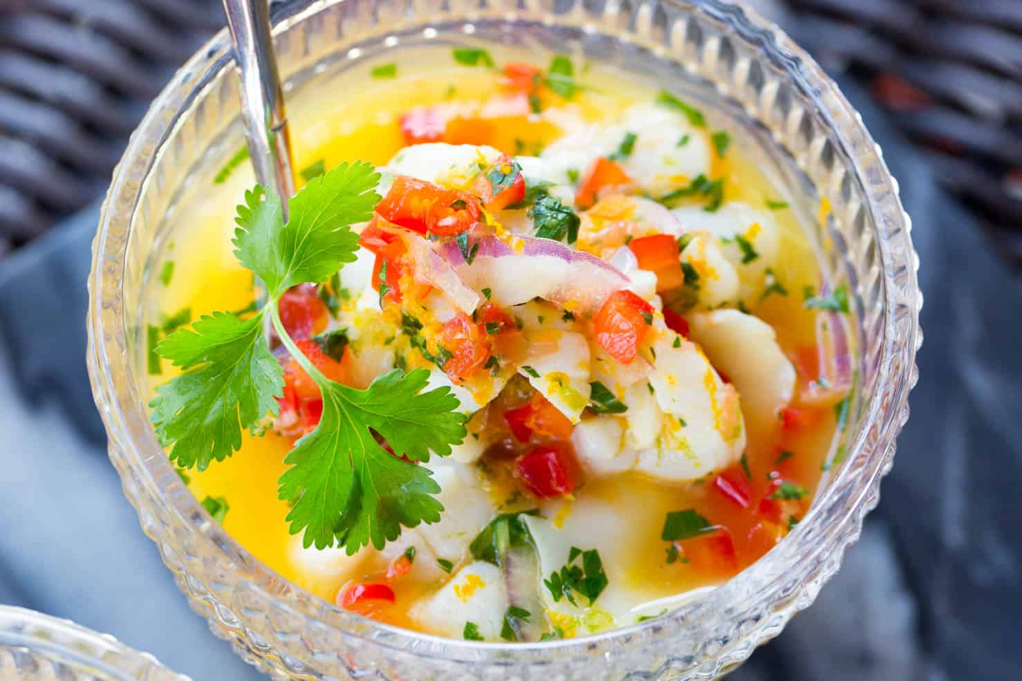 Sea Scallop Ceviche in a glass bowl