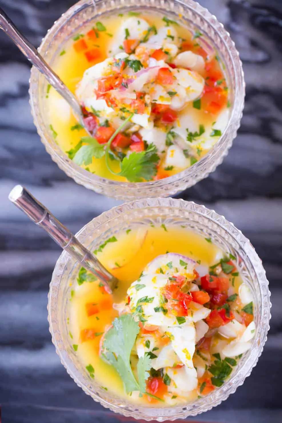 Sea Scallop Ceviche from above with colorful fruits and vegetables