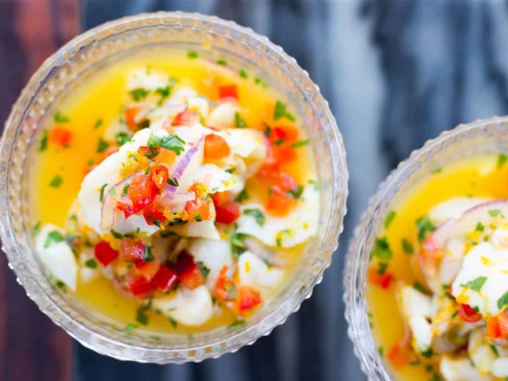 Colorful and juicy scallop ceviche from above