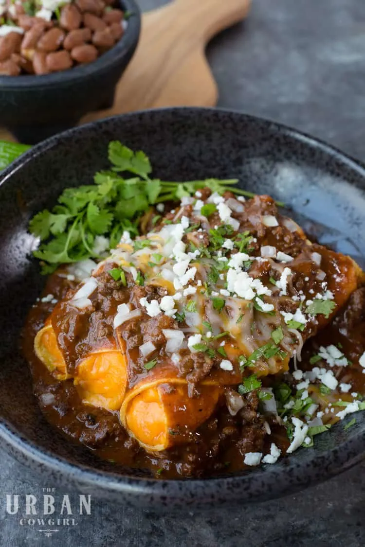 Cheese enchiladas with chili con carne