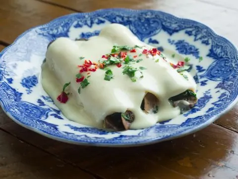 Spinach and Mushroom Enchiladas with Monterey Jack Cream Sauce