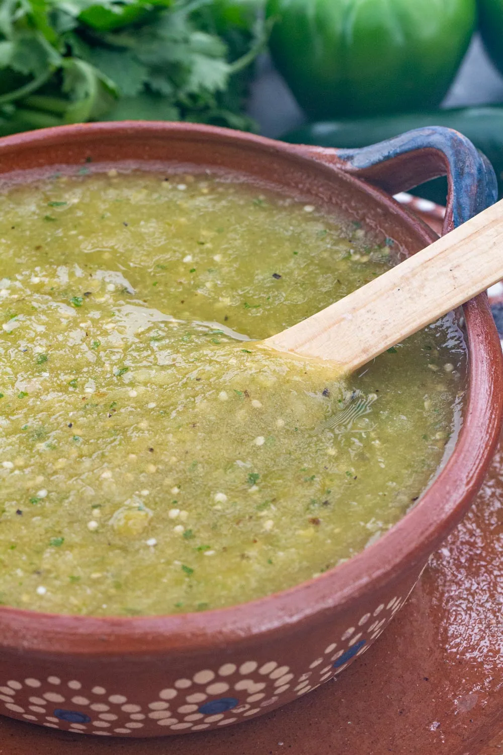 A colorful bowl of green enchilada sauce close up.