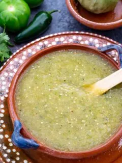 A bowl of green enchilada sauce from above