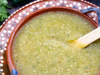 A bowl of green enchilada sauce from above