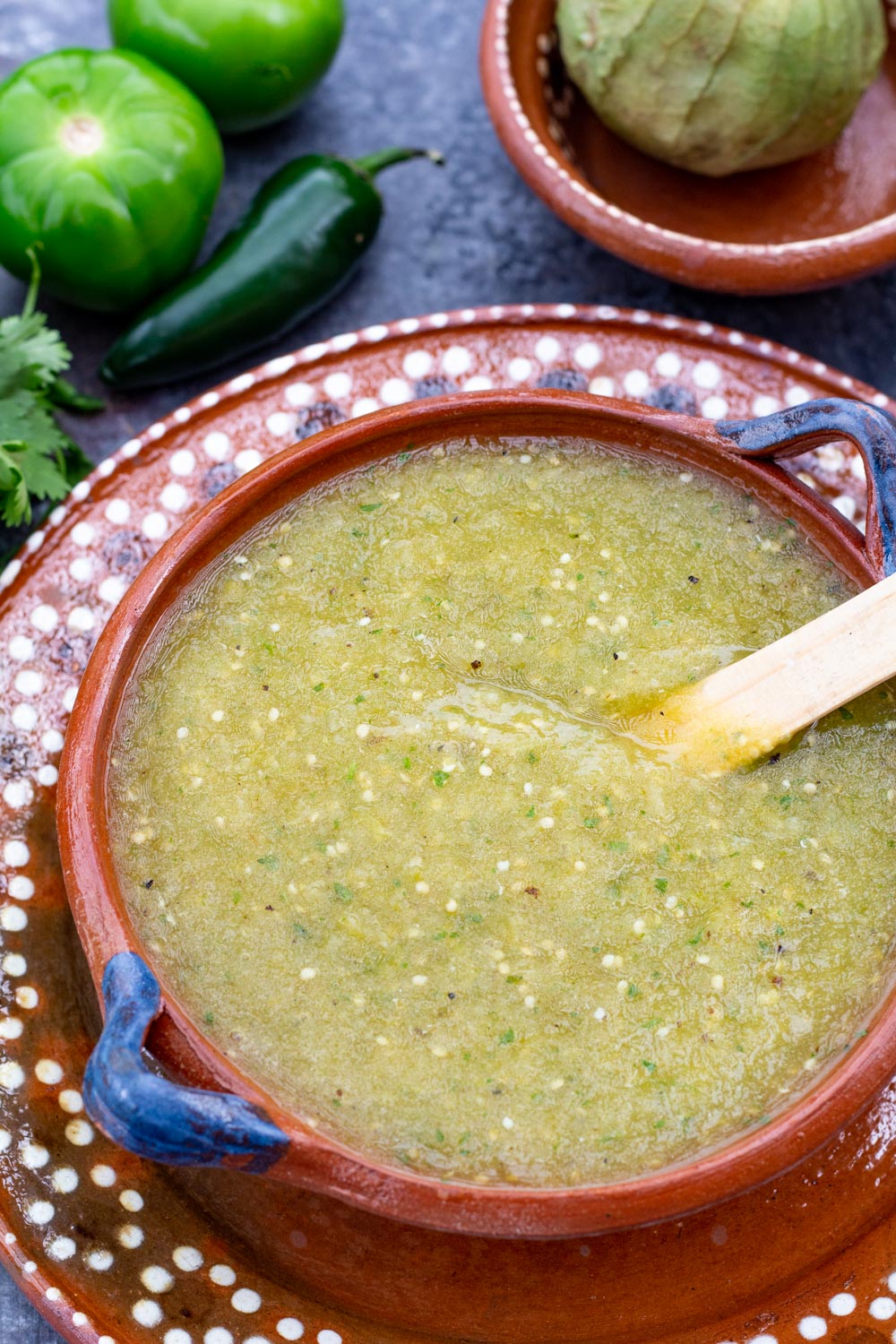 A bowl of green enchilada sauce from above