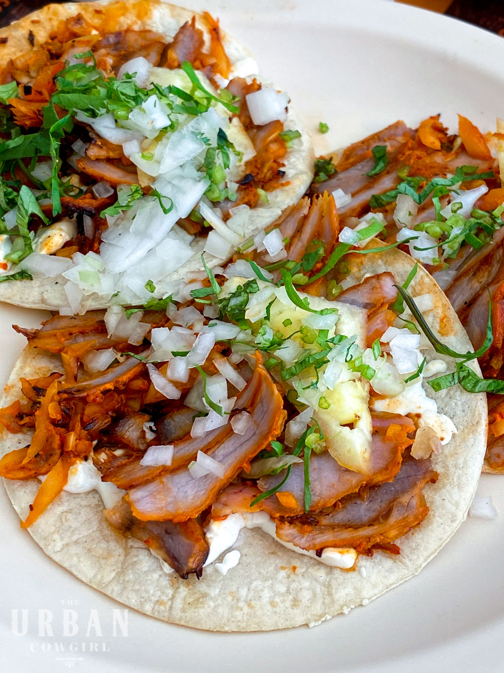 Tacos Al Pastor topped corn tortillas with veggies and pineapple at El Fogon.