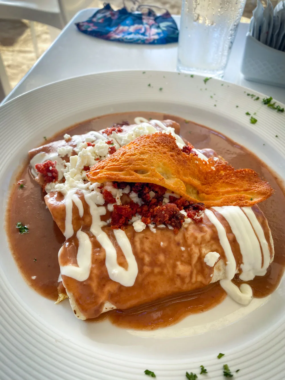 Breakfast Enchiladas smothered in creamy bean sauce and topped with crema and bacon.