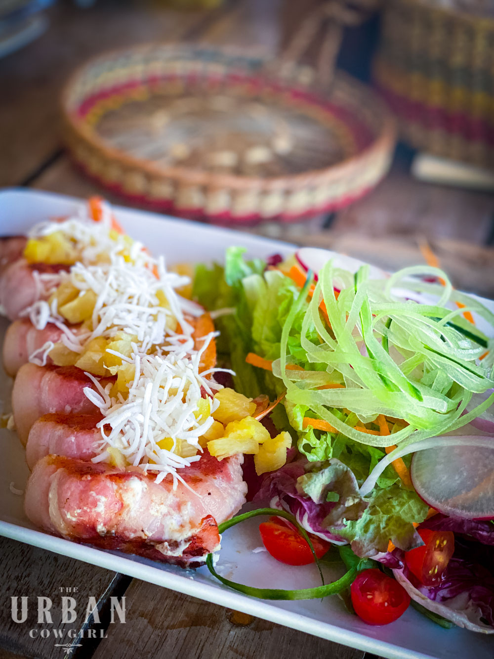 Bacon wrapped shrimp topped with coconut at a beach club in the Yucatan.