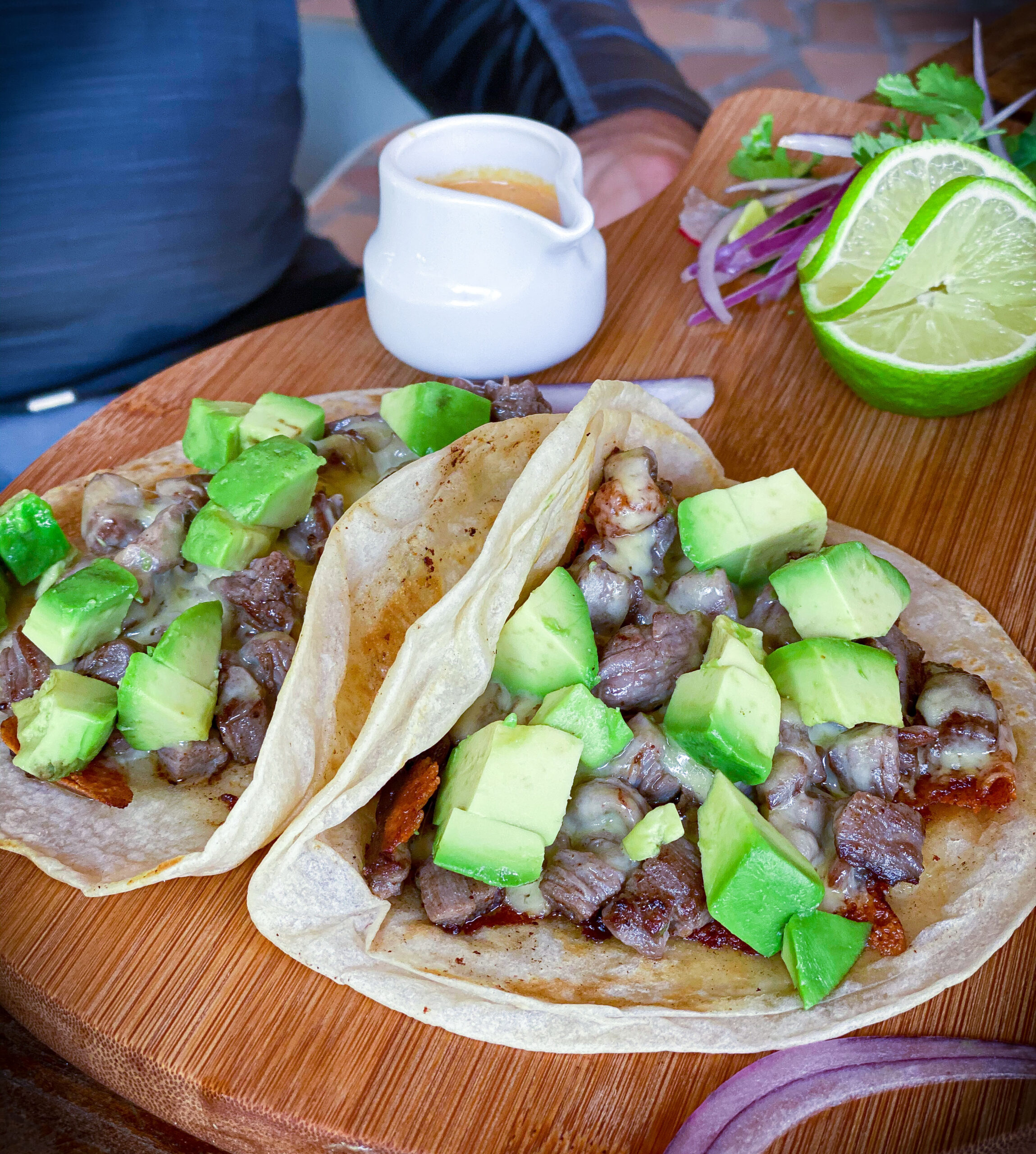 Steak and Avocado Tacos with Chipotle Sauce at Lido Beach Club in Playa Del Carmen, Mexico.