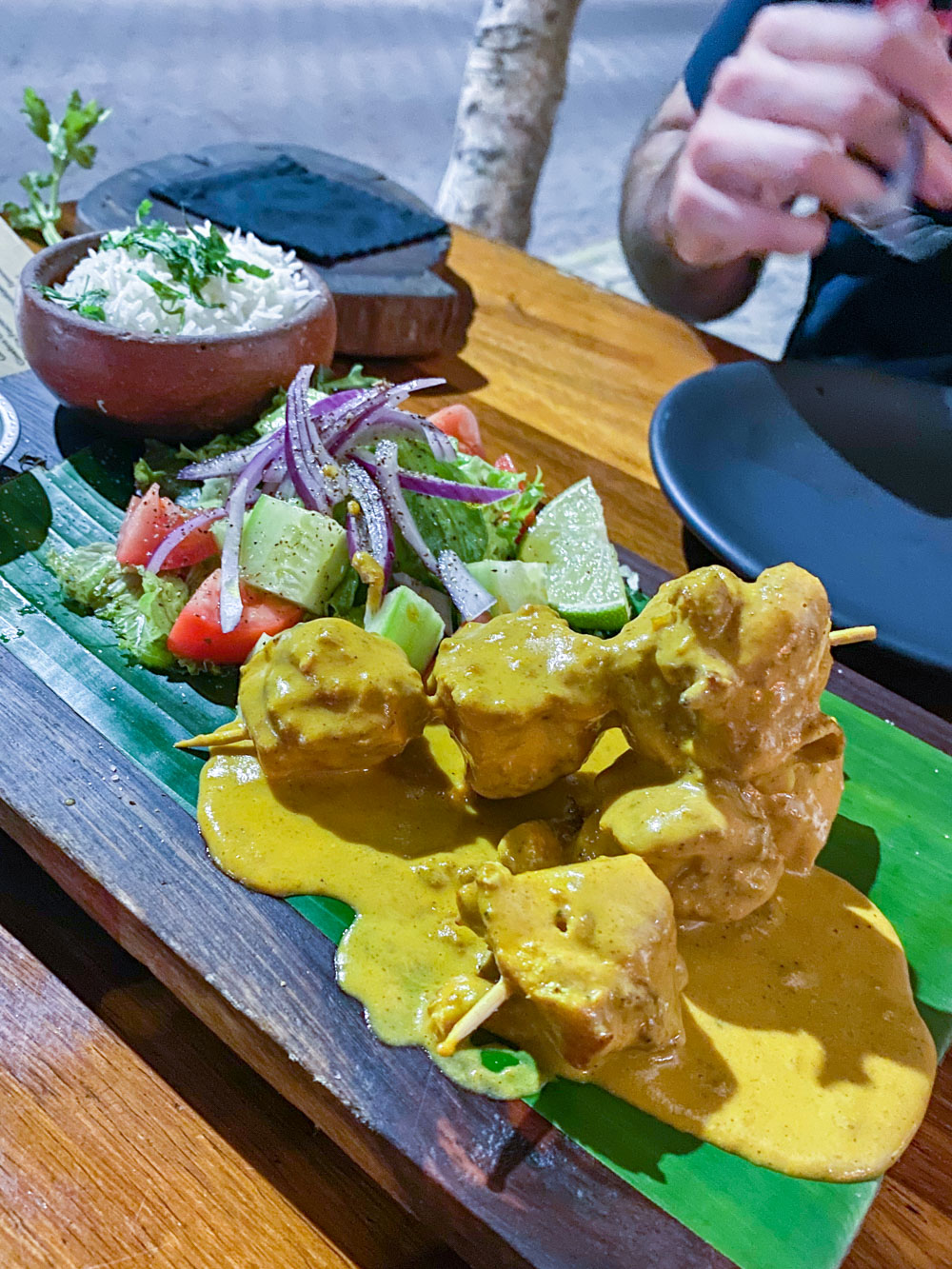 A skewer of tikka masala at a restaurant in Quinata Roo, Mexico.