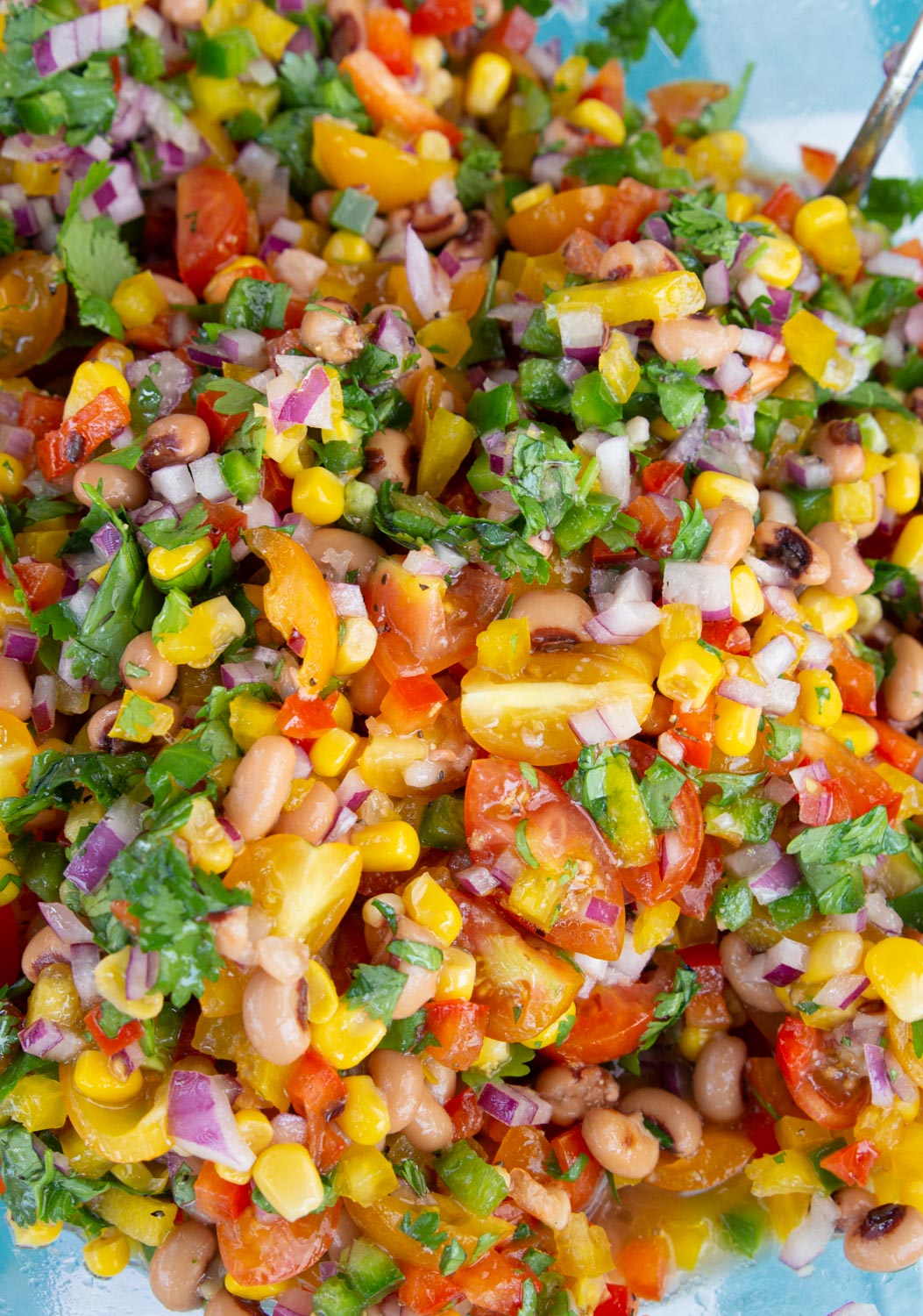 A colorful bowl of Cowboy Caviar aka Redneck caviar in red wine vinegar dressing. (close up)