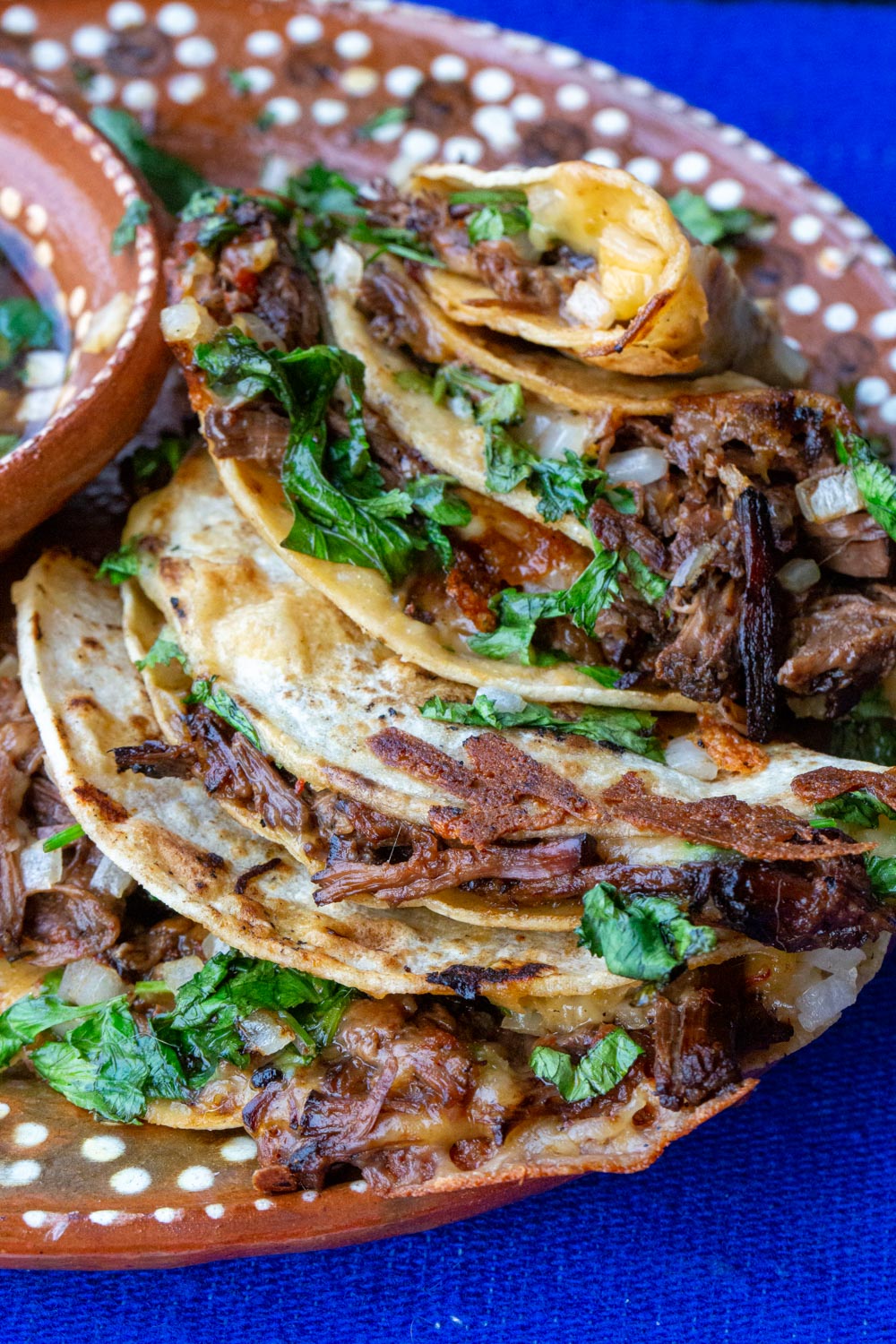 A large plate of layered quesabirria tacos.