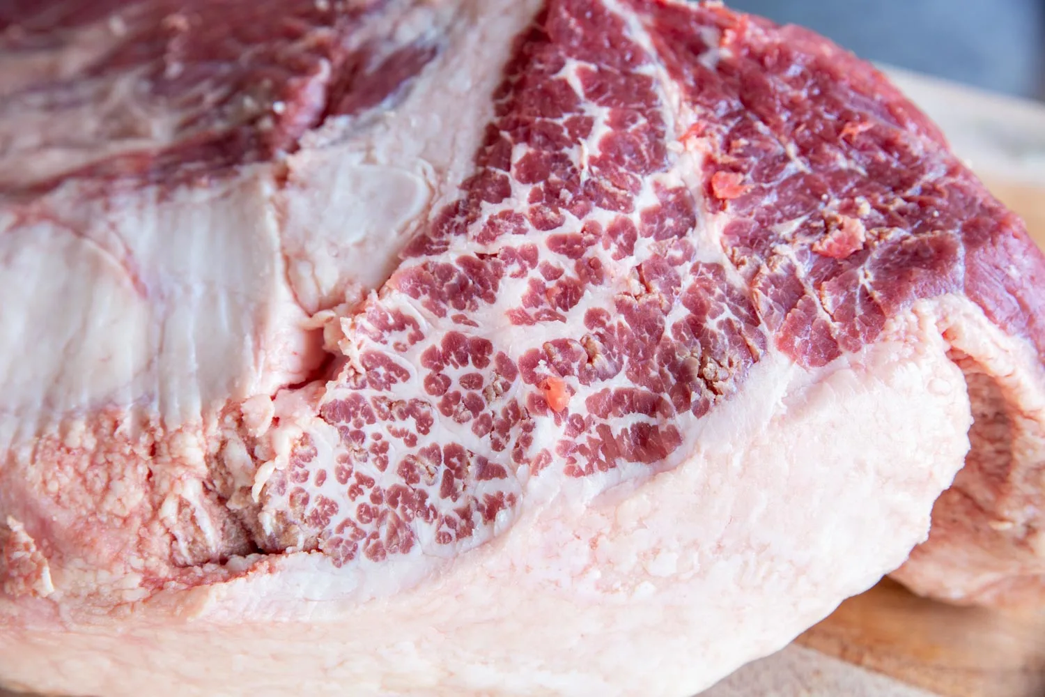 An example of a well marbled piece of meat with veins of fat running through the red muscle.