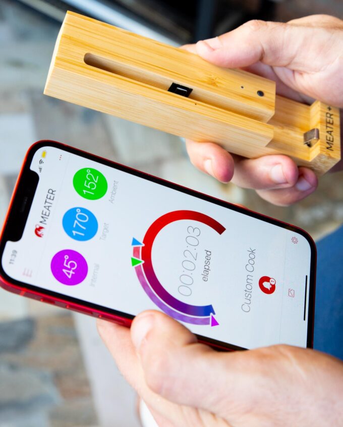 A close up of the app which works with the Meater Thermometer, displaying brisket temps.