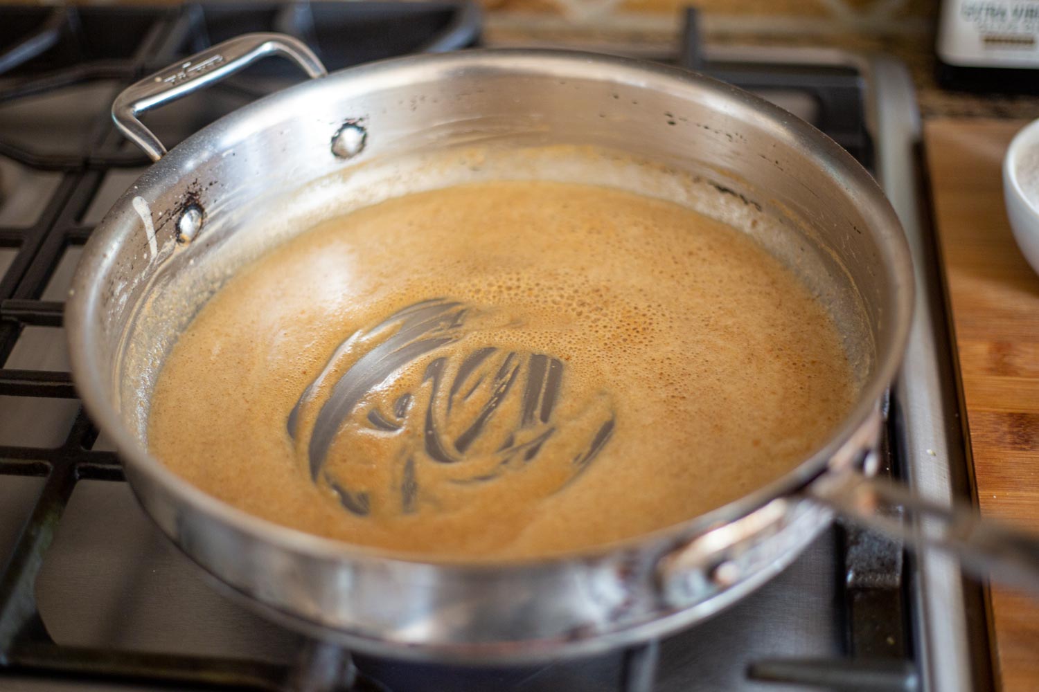 a golden brown roux in a large skillet bubbling away