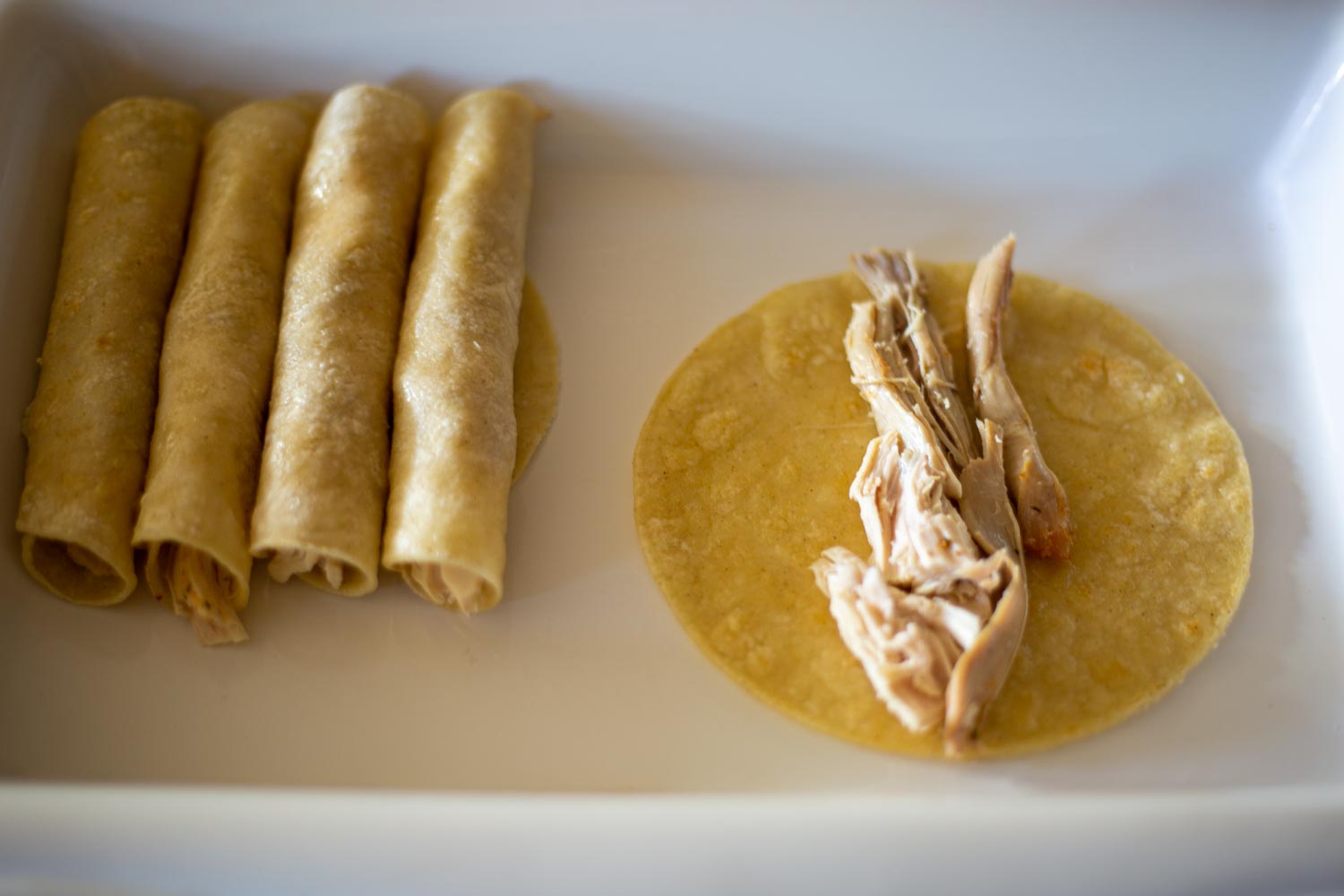 rolling corn tortillas filled with shredded chicken to make enchiladas