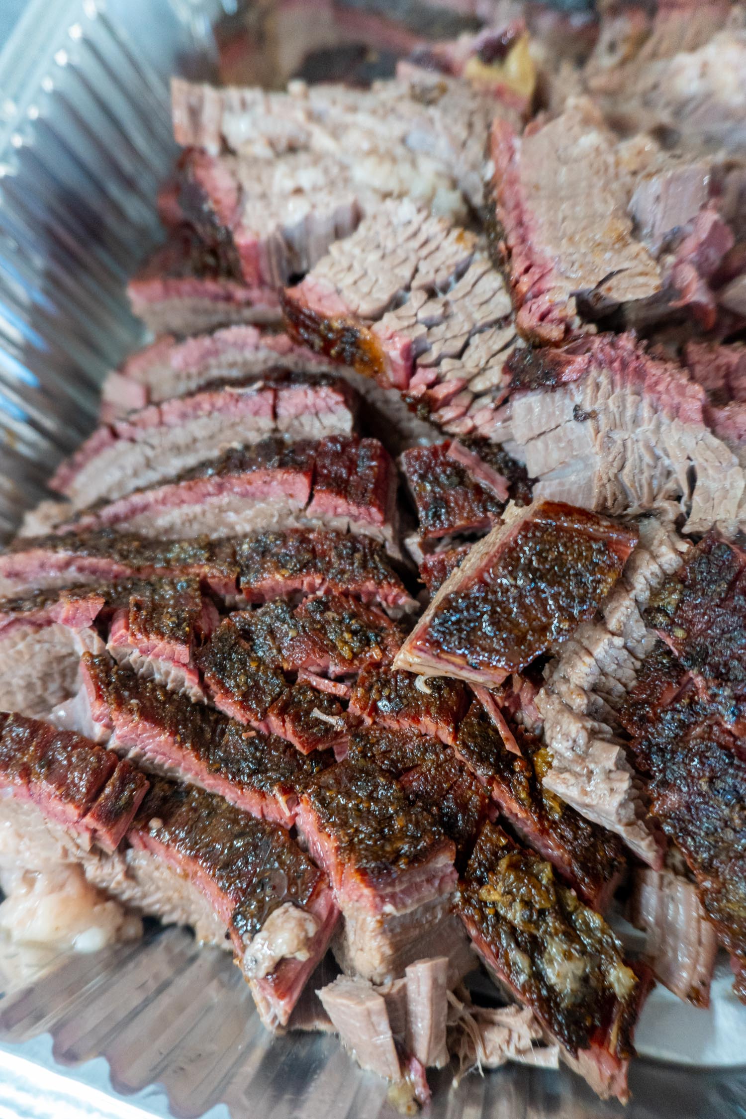 Sliced brisket ready for a party
