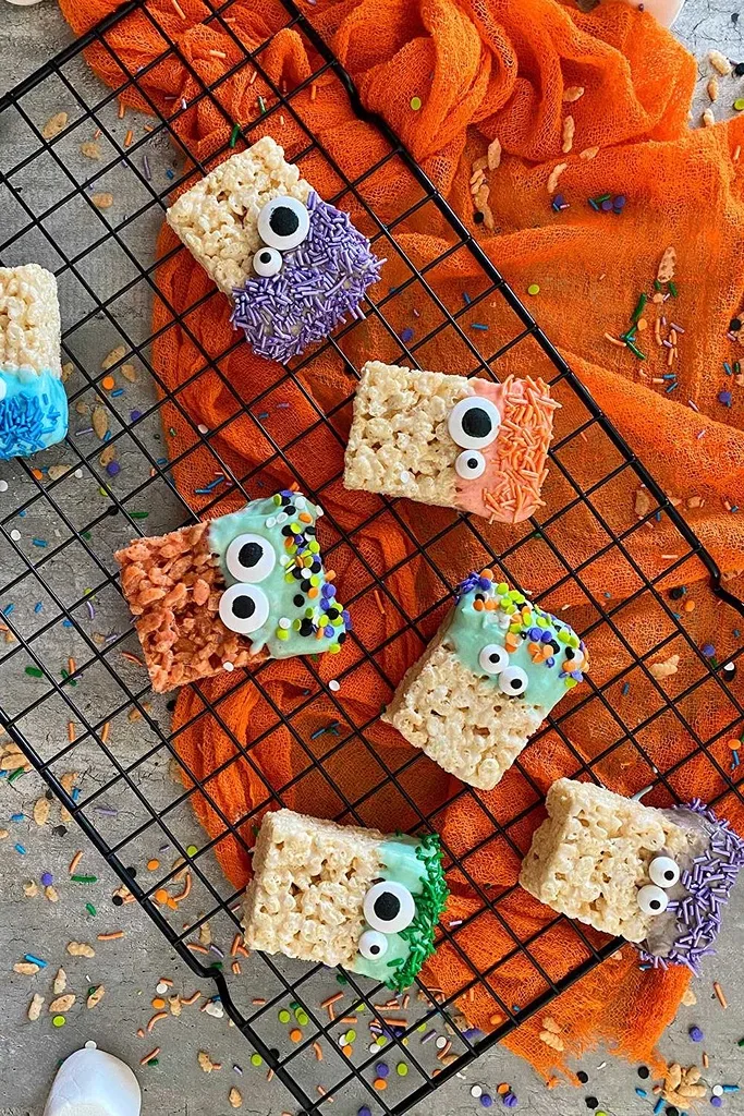 rice krispies decorate to look like monster faces with eyes