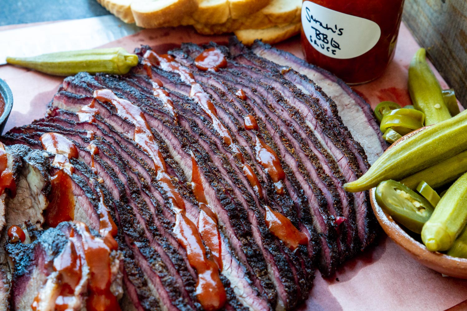 sliced brisket on butcher paper