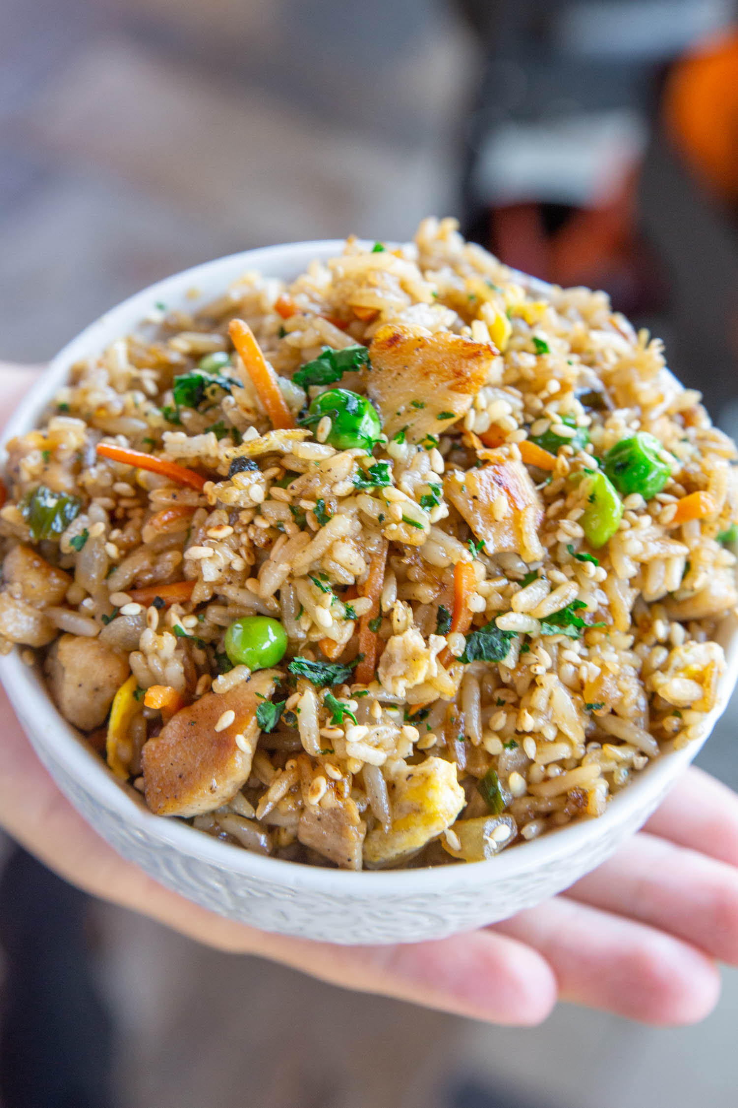 a bowl of chicken fried rice in a child's hand