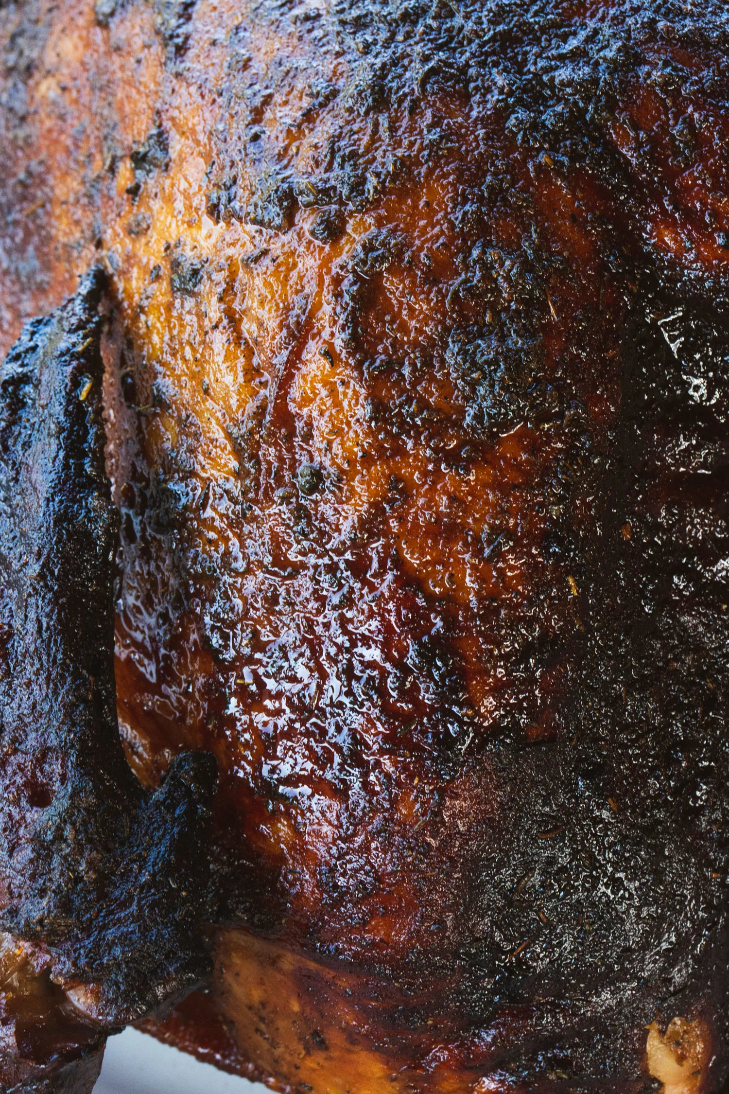 A final close up of crisp and colorful turkey skin with herbs and spices.