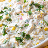 close up of a bowl of corn dip in an attractive bowl.