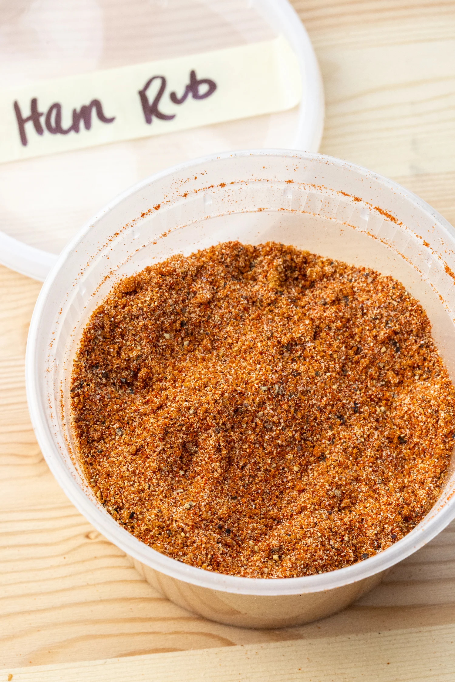 A close up of a jar of smoked ham rub from scratch