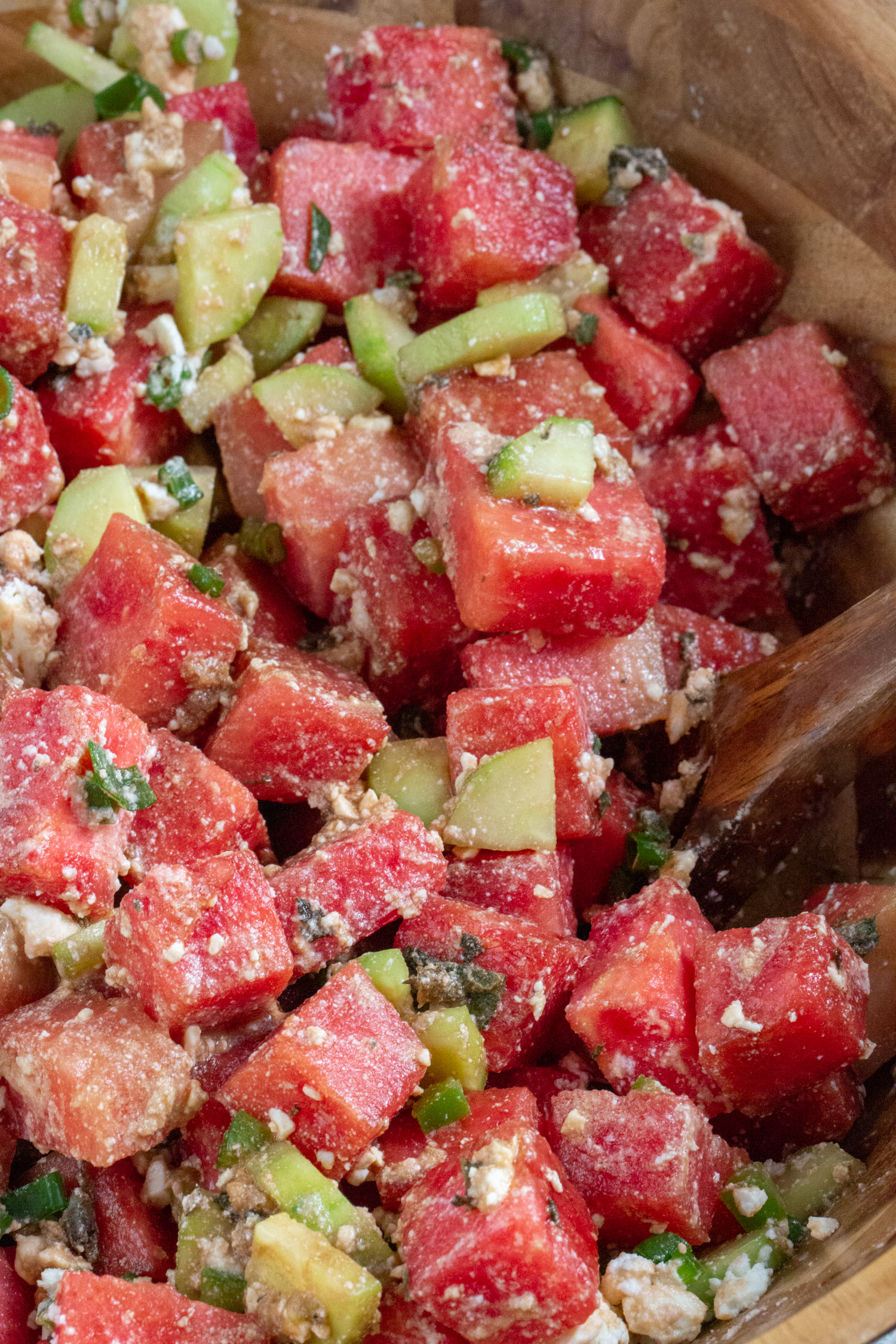 a bowl of watermelon cucumber and mint salad